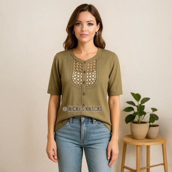 Vertigo Paris Green Wool Blend Cardigan Short Sleeve Lattice Knit Sweater Size L - Picture 1 of 10